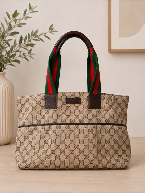 Gucci Handbags - Gucci Beige GG Canvas Tote with Green and Red Web Handles
